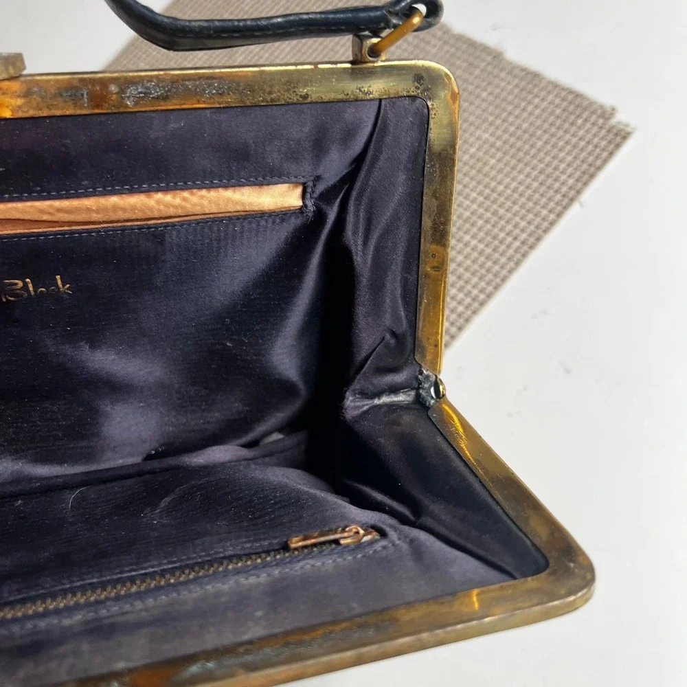 Vintage 1950s Block Black Leather Handbag Gold Frame Clasp Top Handle Bag